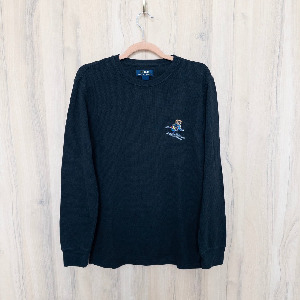 Polo Ralph Lauren Mens Thermal Shirt M Black Skiing Polo Bear Waffle Knit Preppy